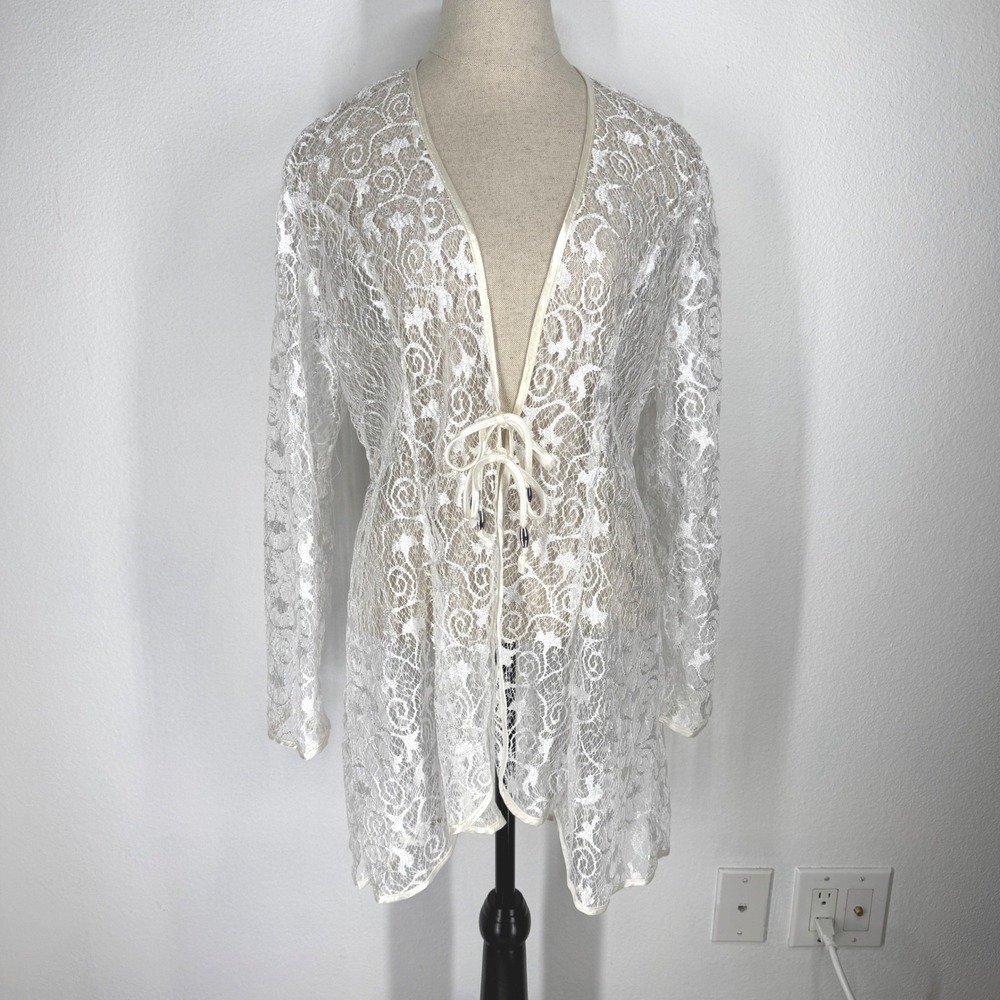 Vintage White Floral Lace Tie Front Cardigan Sheer Longline Large Festival Fairy